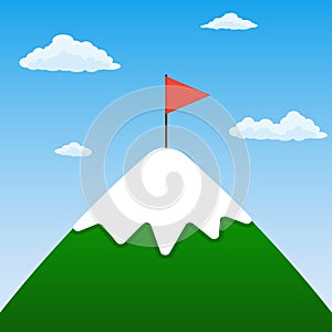 Mountain peak with red flag. Business motivation, challenge, success and goal concept. Vector illustration